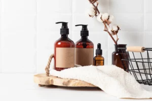 Soap dispensers on a wooden tray with a white towel draped over the tray.