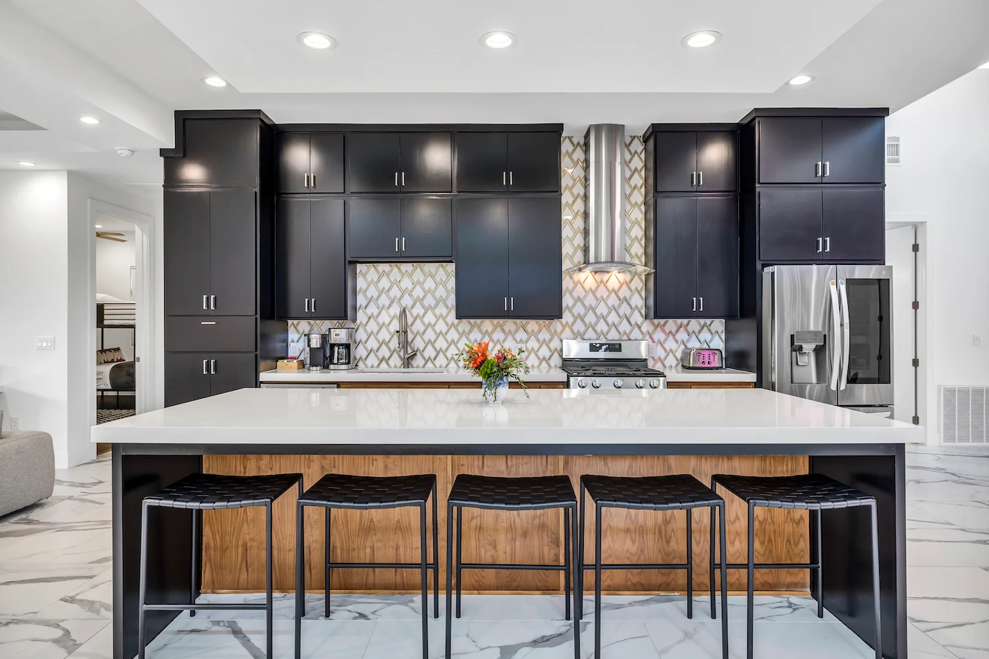 Airbnb kitchen in Austin with toaster oven, coffee maker, and other essentials.