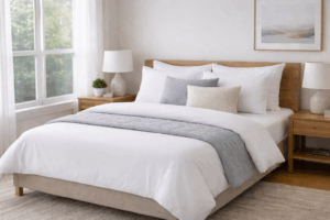 Professionally set up Airbnb bed with layered bedding