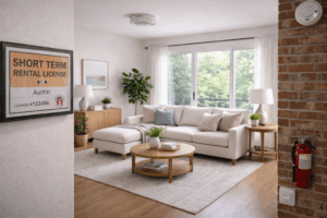 Austin short term rental living room prepared to city standards